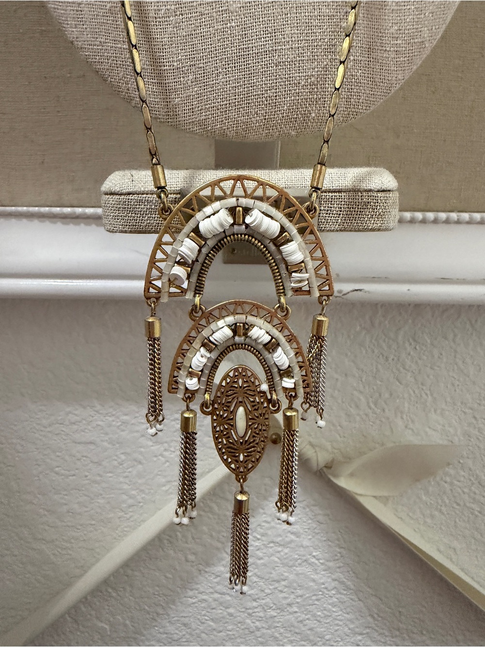 Stella & Dot Mirage no Gold and White Tiered Tassel Pendant Necklace